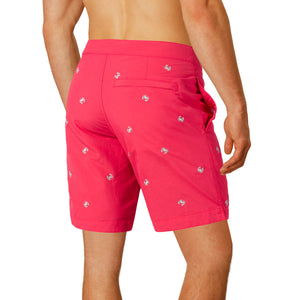 Aruba 8.5" Coral Red Embroidered Crabs Swim Trunks